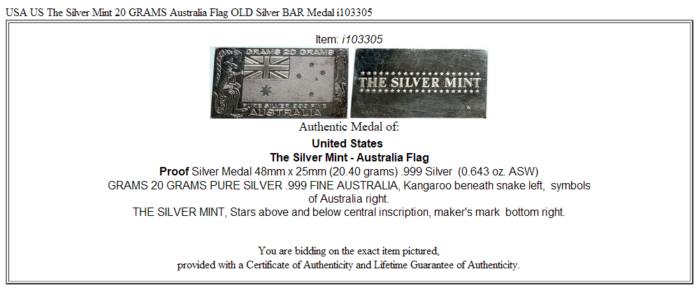 USA US The Silver Mint 20 GRAMS Australia Flag OLD Silver BAR Medal i103305