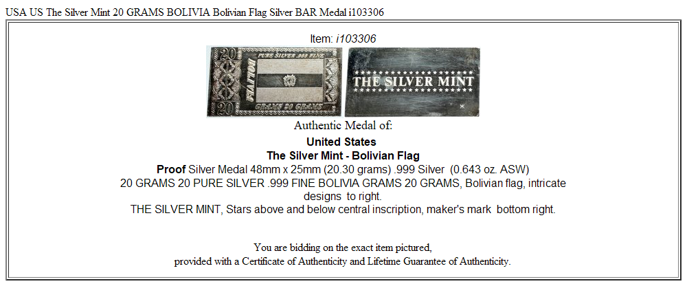 USA US The Silver Mint 20 GRAMS BOLIVIA Bolivian Flag Silver BAR Medal i103306