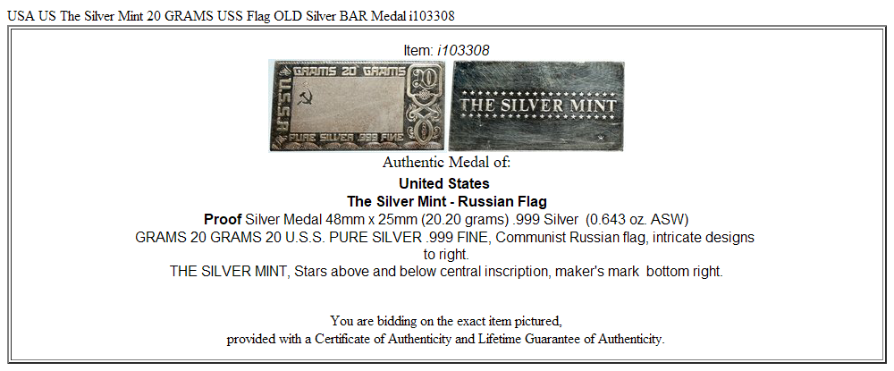 USA US The Silver Mint 20 GRAMS USS Flag OLD Silver BAR Medal i103308