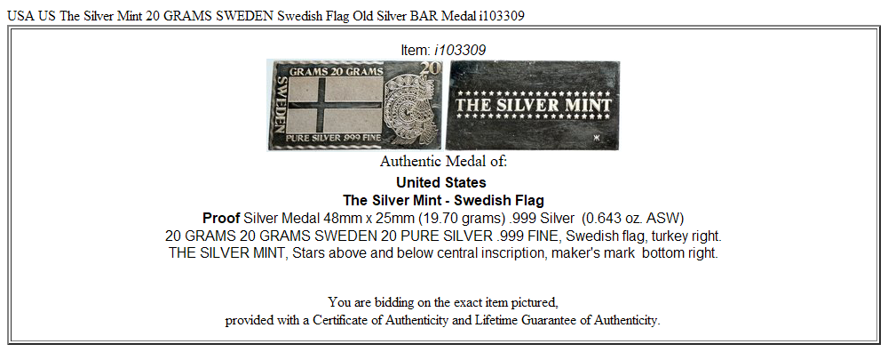 USA US The Silver Mint 20 GRAMS SWEDEN Swedish Flag Old Silver BAR Medal i103309