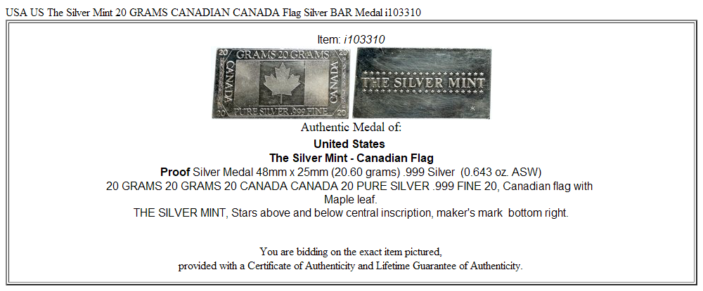 USA US The Silver Mint 20 GRAMS CANADIAN CANADA Flag Silver BAR Medal i103310