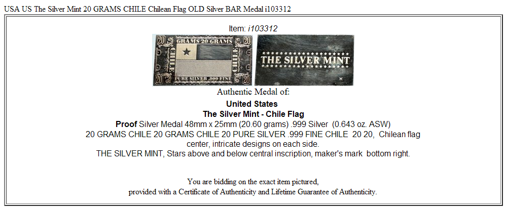 USA US The Silver Mint 20 GRAMS CHILE Chilean Flag OLD Silver BAR Medal i103312