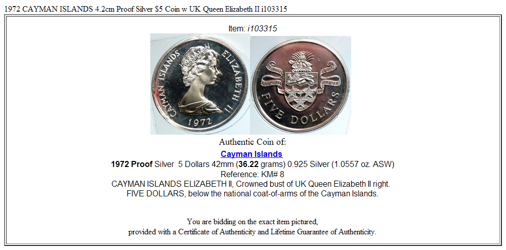 1972 CAYMAN ISLANDS 4.2cm Proof Silver $5 Coin w UK Queen Elizabeth II i103315