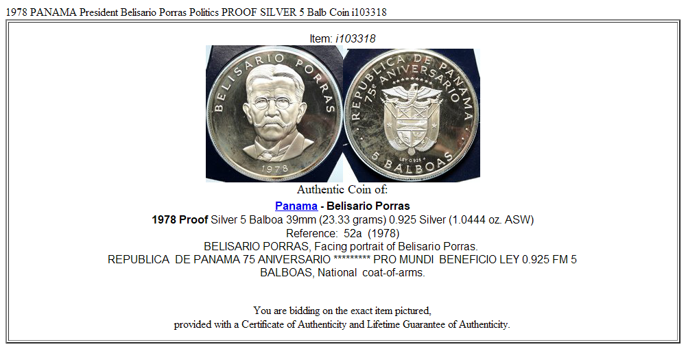 1978 PANAMA President Belisario Porras Politics PROOF SILVER 5 Balb Coin i103318