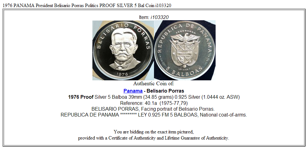 1976 PANAMA President Belisario Porras Politics PROOF SILVER 5 Bal Coin i103320