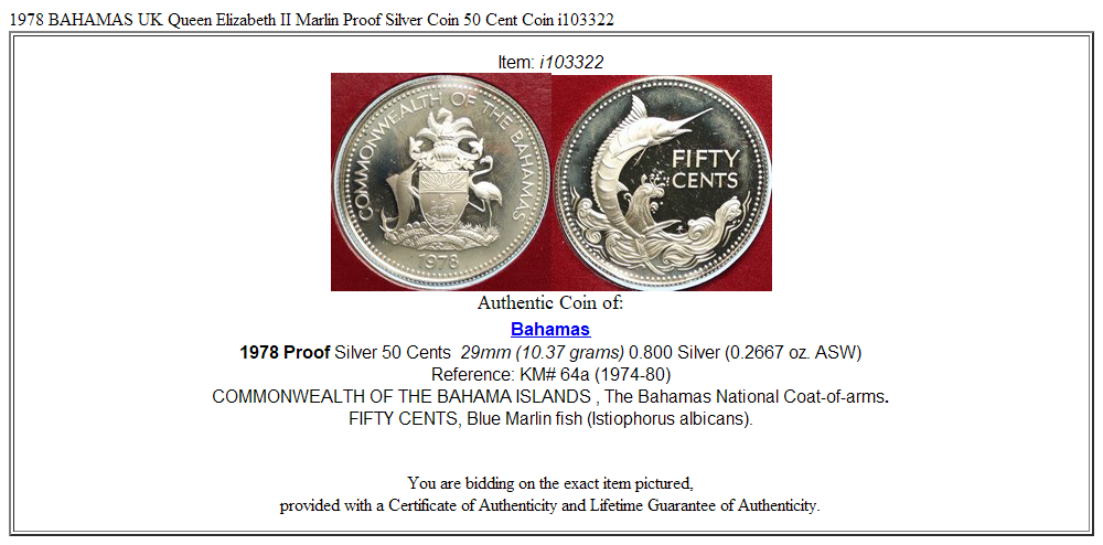 1978 BAHAMAS UK Queen Elizabeth II Marlin Proof Silver Coin 50 Cent Coin i103322