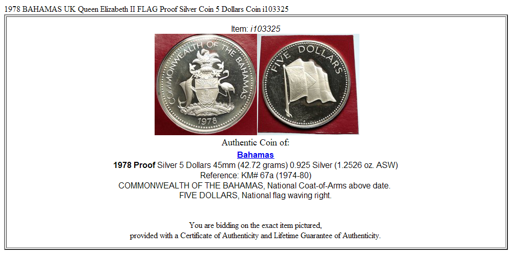 1978 BAHAMAS UK Queen Elizabeth II FLAG Proof Silver Coin 5 Dollars Coin i103325