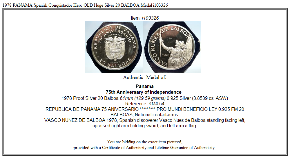 1978 PANAMA Spanish Conquistador Hero OLD Huge Silver 20 BALBOA Medal i103326