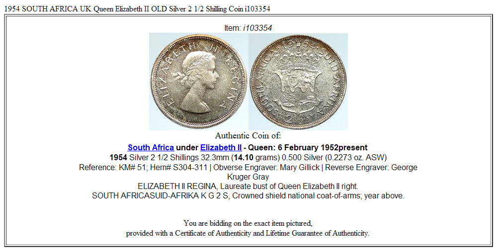 1954 SOUTH AFRICA UK Queen Elizabeth II OLD Silver 2 1/2 Shilling Coin i103354