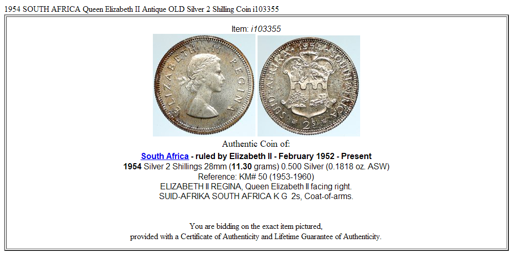 1954 SOUTH AFRICA Queen Elizabeth II Antique OLD Silver 2 Shilling Coin i103355