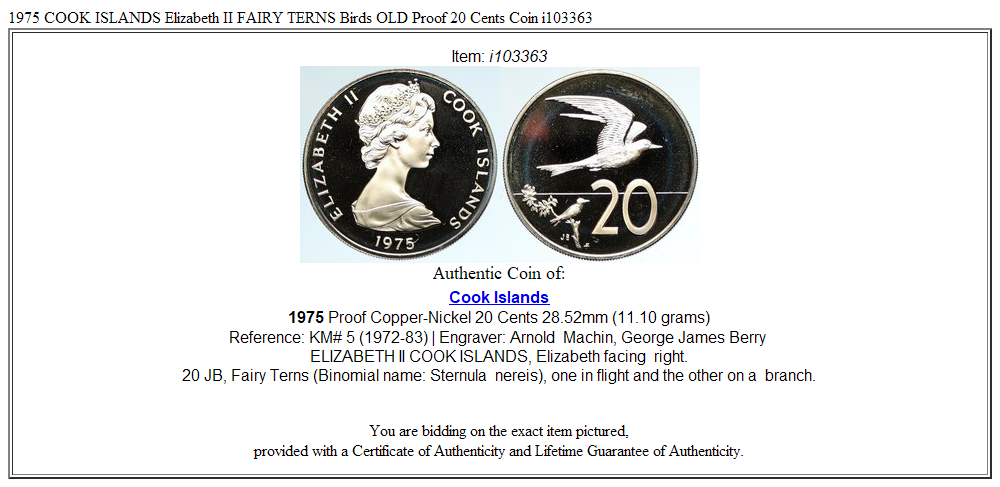 1975 COOK ISLANDS Elizabeth II FAIRY TERNS Birds OLD Proof 20 Cents Coin i103363