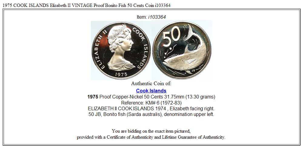 1975 COOK ISLANDS Elizabeth II VINTAGE Proof Bonito Fish 50 Cents Coin i103364