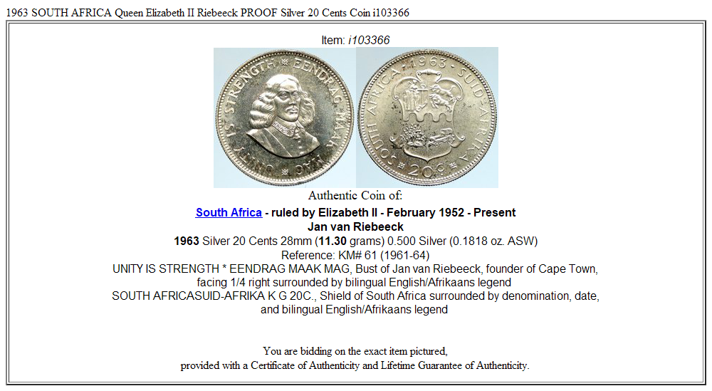 1963 SOUTH AFRICA Queen Elizabeth II Riebeeck PROOF Silver 20 Cents Coin i103366