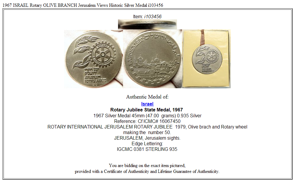 1967 ISRAEL Rotary OLIVE BRANCH Jerusalem Views Historic Silver Medal i103456