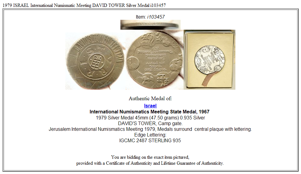 1979 ISRAEL International Numismatic Meeting DAVID TOWER Silver Medal i103457