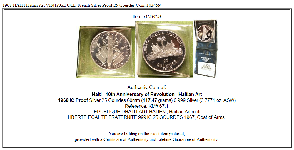 1968 HAITI Hatian Art VINTAGE OLD French Silver Proof 25 Gourdes Coin i103459