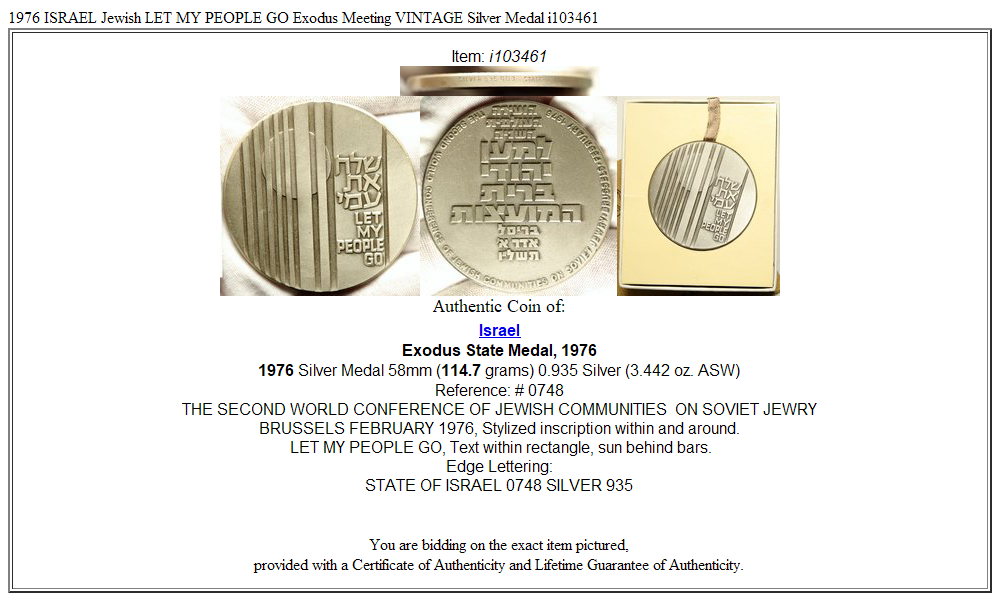 1976 ISRAEL Jewish LET MY PEOPLE GO Exodus Meeting VINTAGE Silver Medal i103461