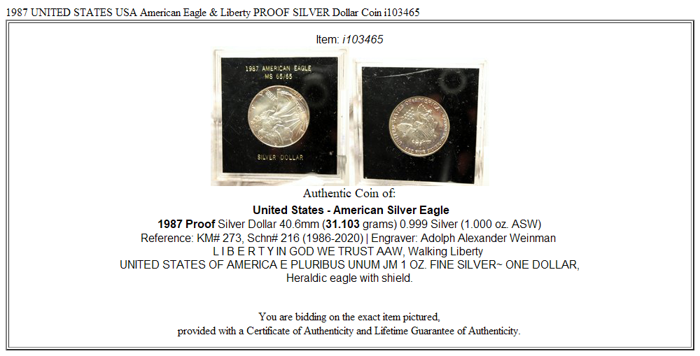 1987 UNITED STATES USA American Eagle & Liberty PROOF SILVER Dollar Coin i103465