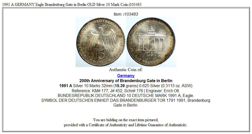 1991 A GERMANY Eagle Brandenburg Gate in Berlin OLD Silver 10 Mark Coin i103483