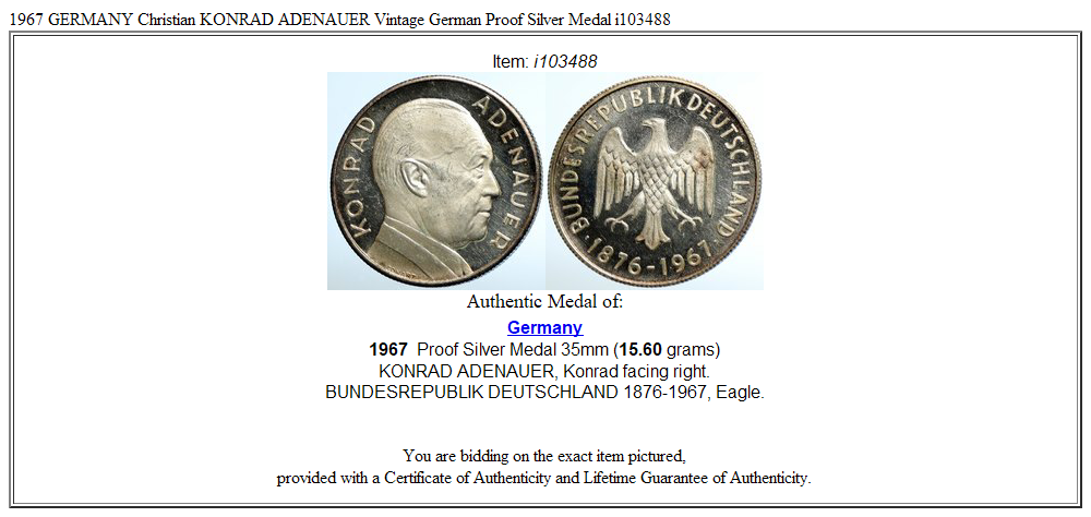 1967 GERMANY Christian KONRAD ADENAUER Vintage German Proof Silver Medal i103488