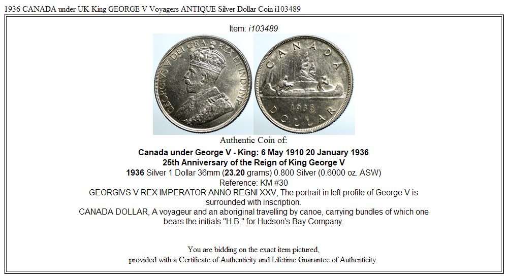 1936 CANADA under UK King GEORGE V Voyagers ANTIQUE Silver Dollar Coin i103489