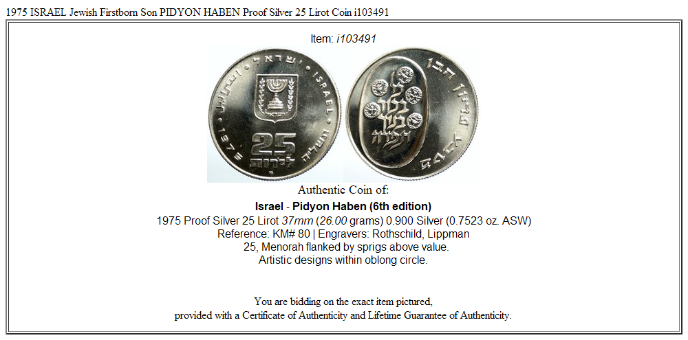 1975 ISRAEL Jewish Firstborn Son PIDYON HABEN Proof Silver 25 Lirot Coin i103491