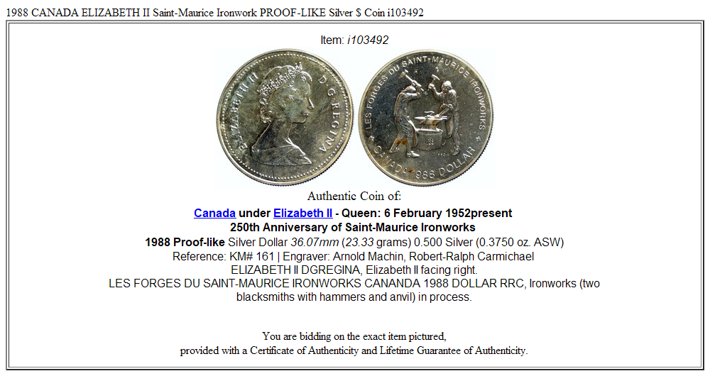 1988 CANADA ELIZABETH II Saint-Maurice Ironwork PROOF-LIKE Silver $ Coin i103492