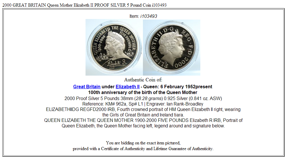 2000 GREAT BRITAIN Queen Mother Elizabeth II PROOF SILVER 5 Pound Coin i103493