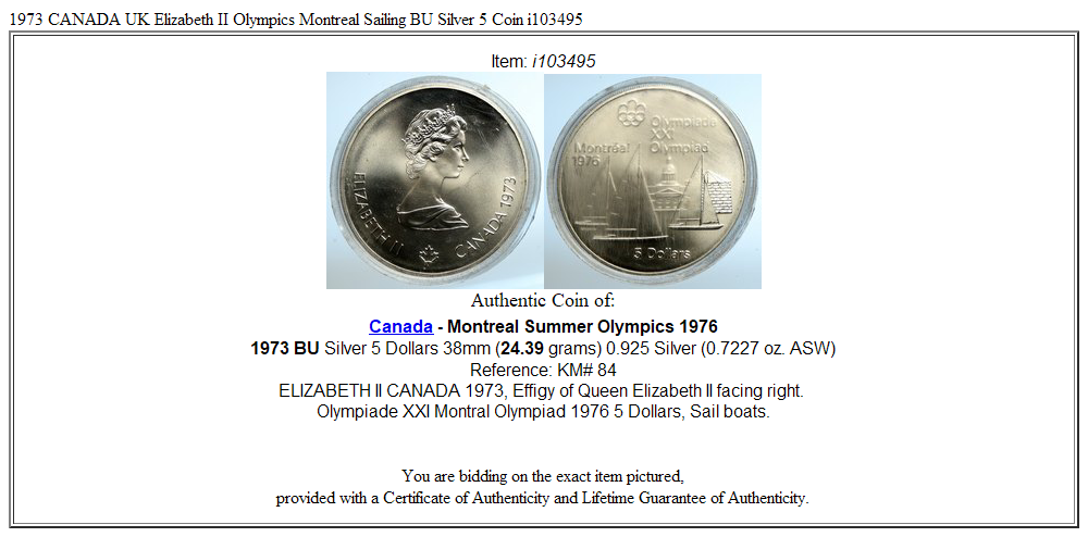 1973 CANADA UK Elizabeth II Olympics Montreal Sailing BU Silver 5 Coin i103495