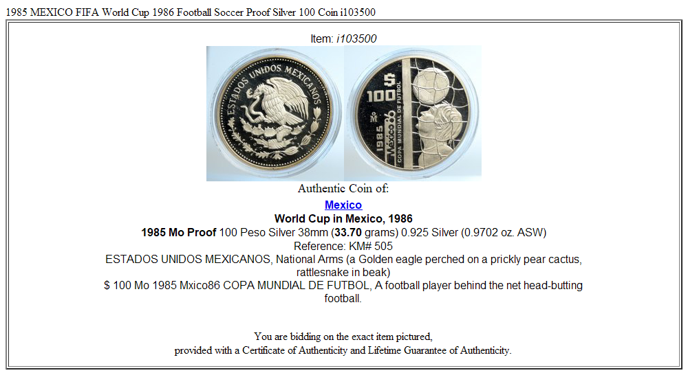 1985 MEXICO FIFA World Cup 1986 Football Soccer Proof Silver 100 Coin i103500