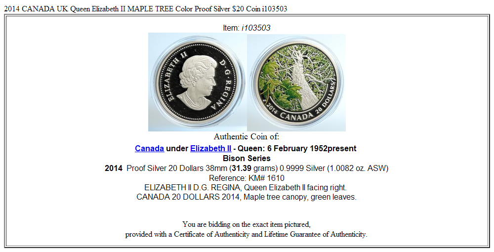 2014 CANADA UK Queen Elizabeth II MAPLE TREE Color Proof Silver $20 Coin i103503