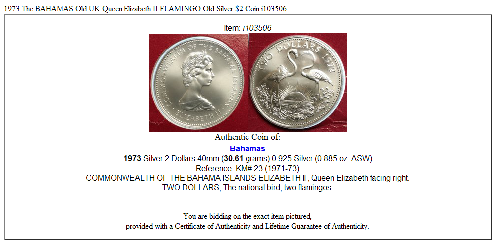 1973 The BAHAMAS Old UK Queen Elizabeth II FLAMINGO Old Silver $2 Coin i103506