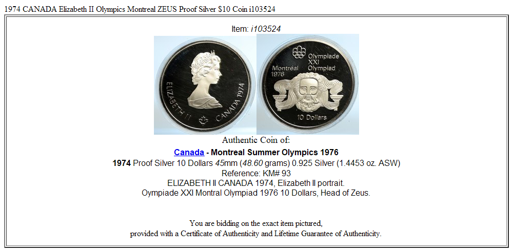 1974 CANADA Elizabeth II Olympics Montreal ZEUS Proof Silver $10 Coin i103524