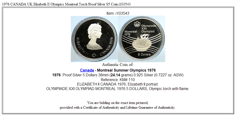 1976 CANADA UK Elizabeth II Olympics Montreal Torch Proof Silver $5 Coin i103543