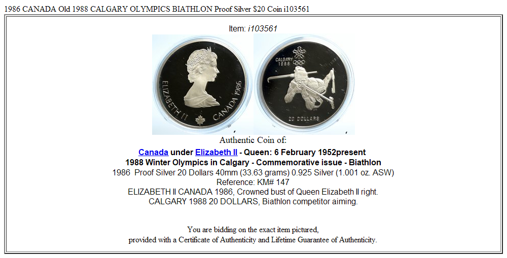 1986 CANADA Old 1988 CALGARY OLYMPICS BIATHLON Proof Silver $20 Coin i103561