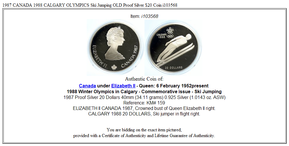 1987 CANADA 1988 CALGARY OLYMPICS Ski Jumping OLD Proof Silver $20 Coin i103568