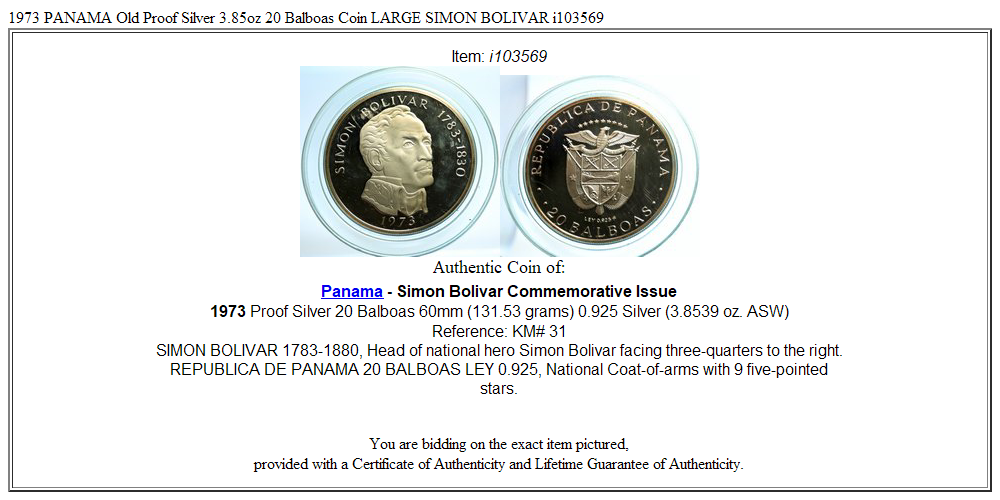 1973 PANAMA Old Proof Silver 3.85oz 20 Balboas Coin LARGE SIMON BOLIVAR i103569