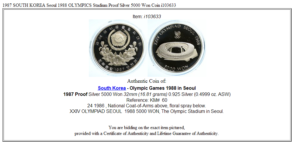 1987 SOUTH KOREA Seoul 1988 OLYMPICS Stadium Proof Silver 5000 Won Coin i103633