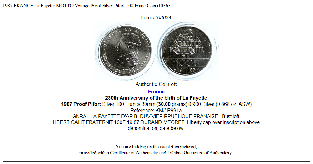 1987 FRANCE La Fayette MOTTO Vintage Proof Silver Piéfort 100 Franc Coin i103634