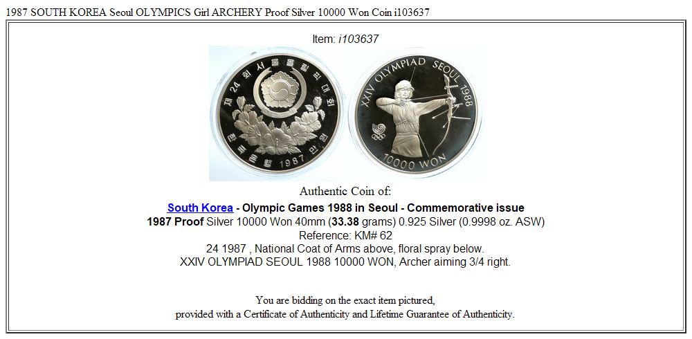 1987 SOUTH KOREA Seoul OLYMPICS Girl ARCHERY Proof Silver 10000 Won Coin i103637