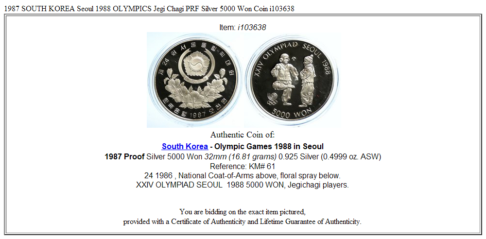 1987 SOUTH KOREA Seoul 1988 OLYMPICS Jegi Chagi PRF Silver 5000 Won Coin i103638