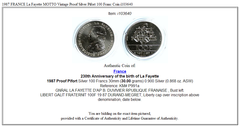 1987 FRANCE La Fayette MOTTO Vintage Proof Silver Piéfort 100 Franc Coin i103640