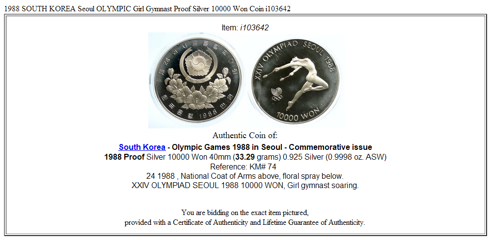 1988 SOUTH KOREA Seoul OLYMPIC Girl Gymnast Proof Silver 10000 Won Coin i103642