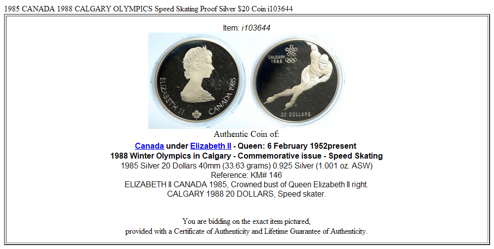 1985 CANADA 1988 CALGARY OLYMPICS Speed Skating Proof Silver $20 Coin i103644