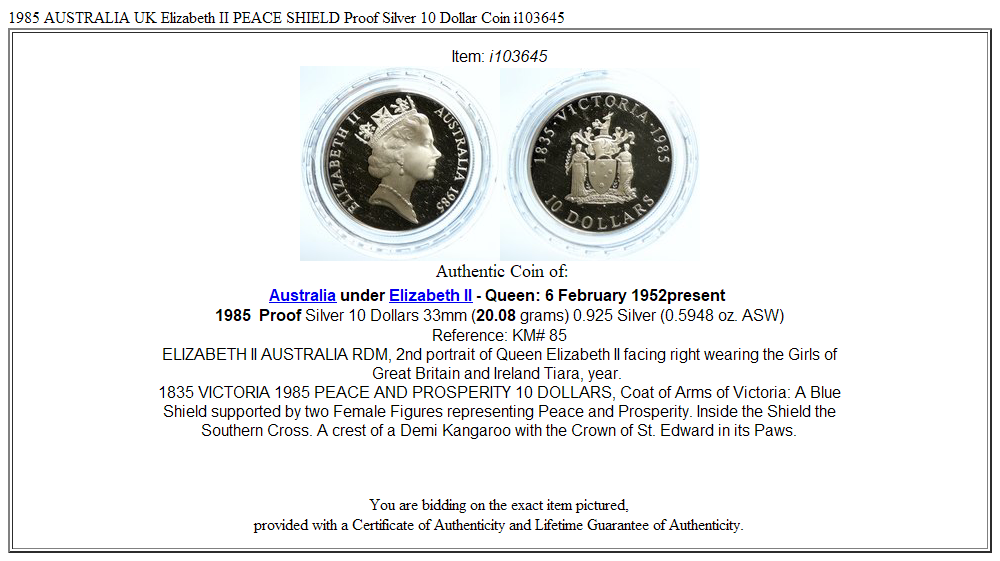 1985 AUSTRALIA UK Elizabeth II PEACE SHIELD Proof Silver 10 Dollar Coin i103645