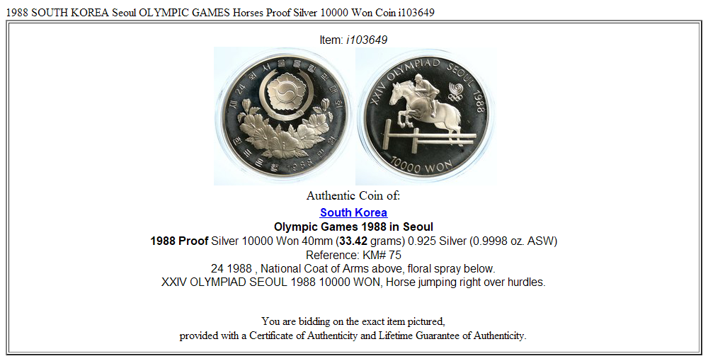 1988 SOUTH KOREA Seoul OLYMPIC GAMES Horses Proof Silver 10000 Won Coin i103649