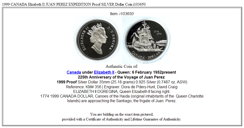 1999 CANADA Elizabeth II JUAN PEREZ EXPEDITION Proof SILVER Dollar Coin i103650