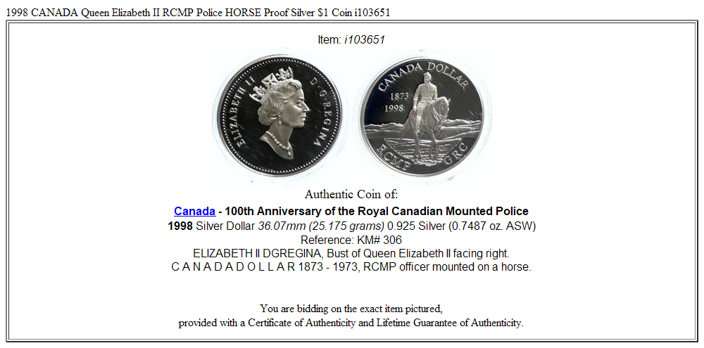 1998 CANADA Queen Elizabeth II RCMP Police HORSE Proof Silver $1 Coin i103651