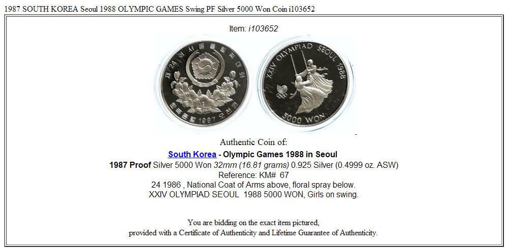 1987 SOUTH KOREA Seoul 1988 OLYMPIC GAMES Swing PF Silver 5000 Won Coin i103652