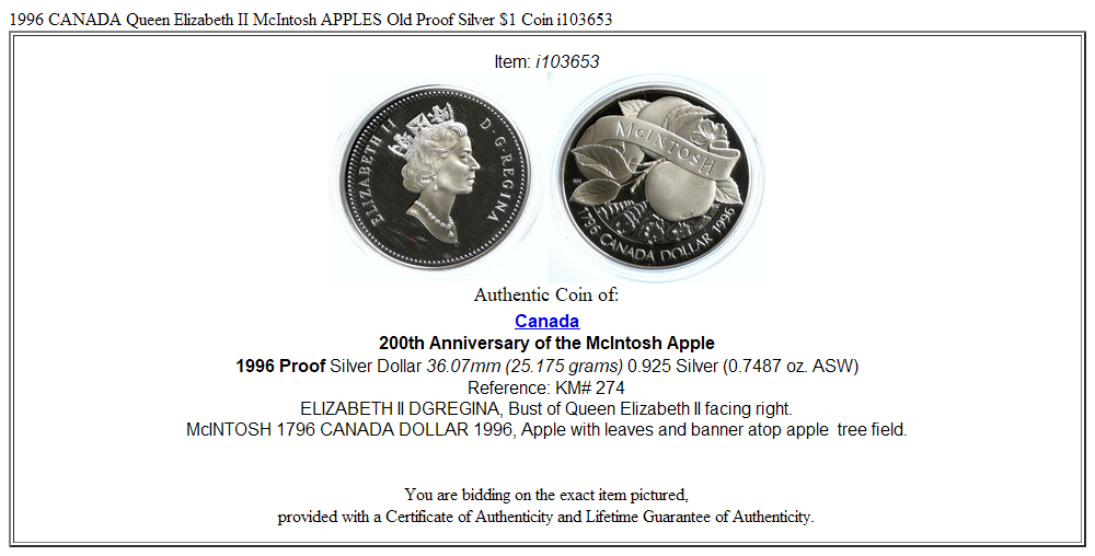 1996 CANADA Queen Elizabeth II McIntosh APPLES Old Proof Silver $1 Coin i103653